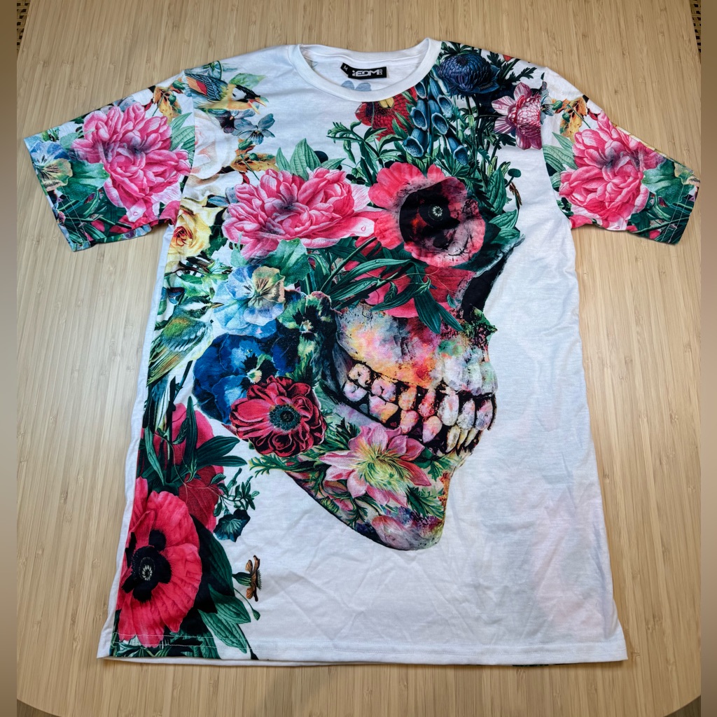 Iedm White Floral Skull Short Sleeve Tee - Multicolor Sz M